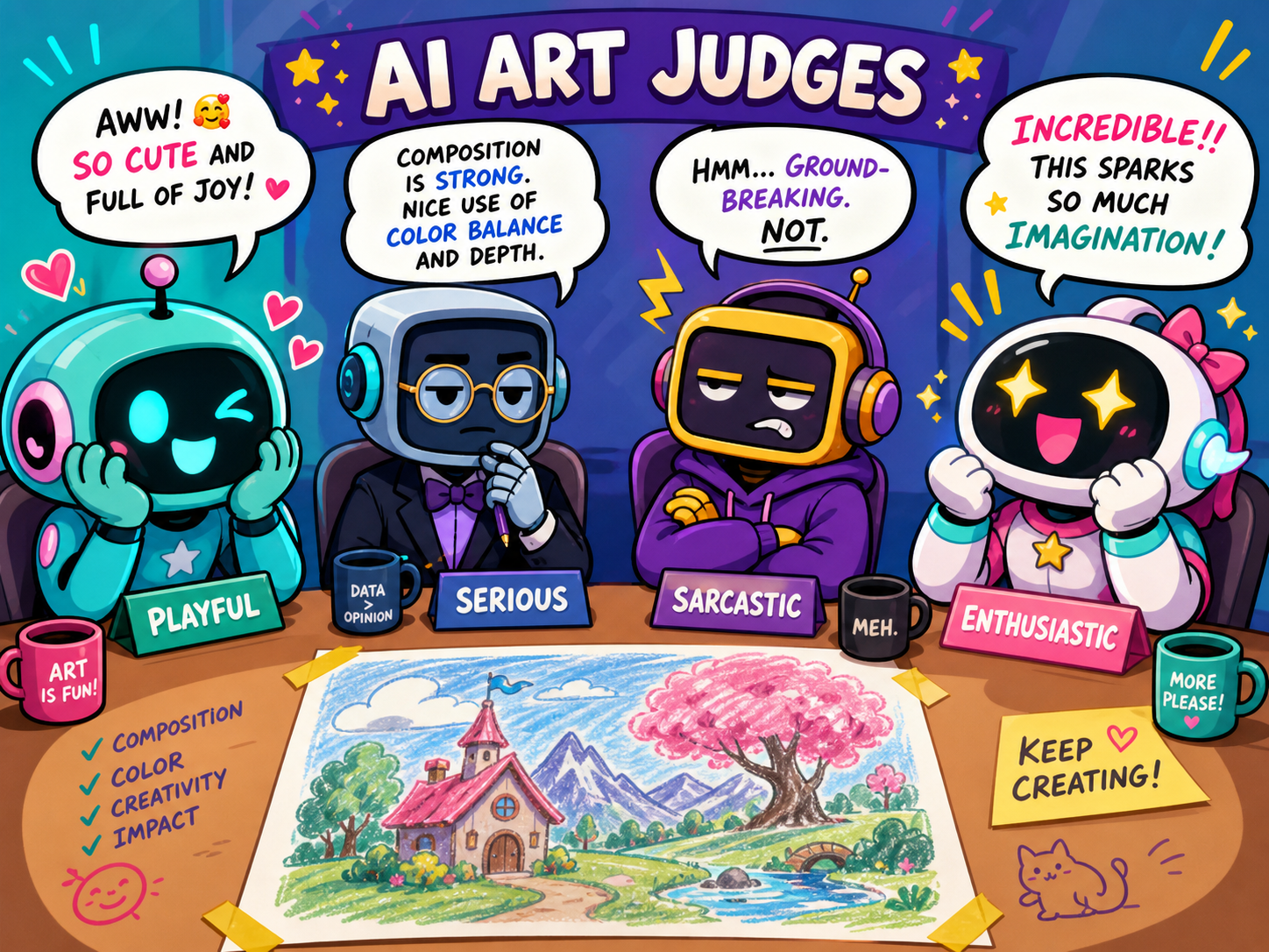 AI judge personalities reviewing a drawing
