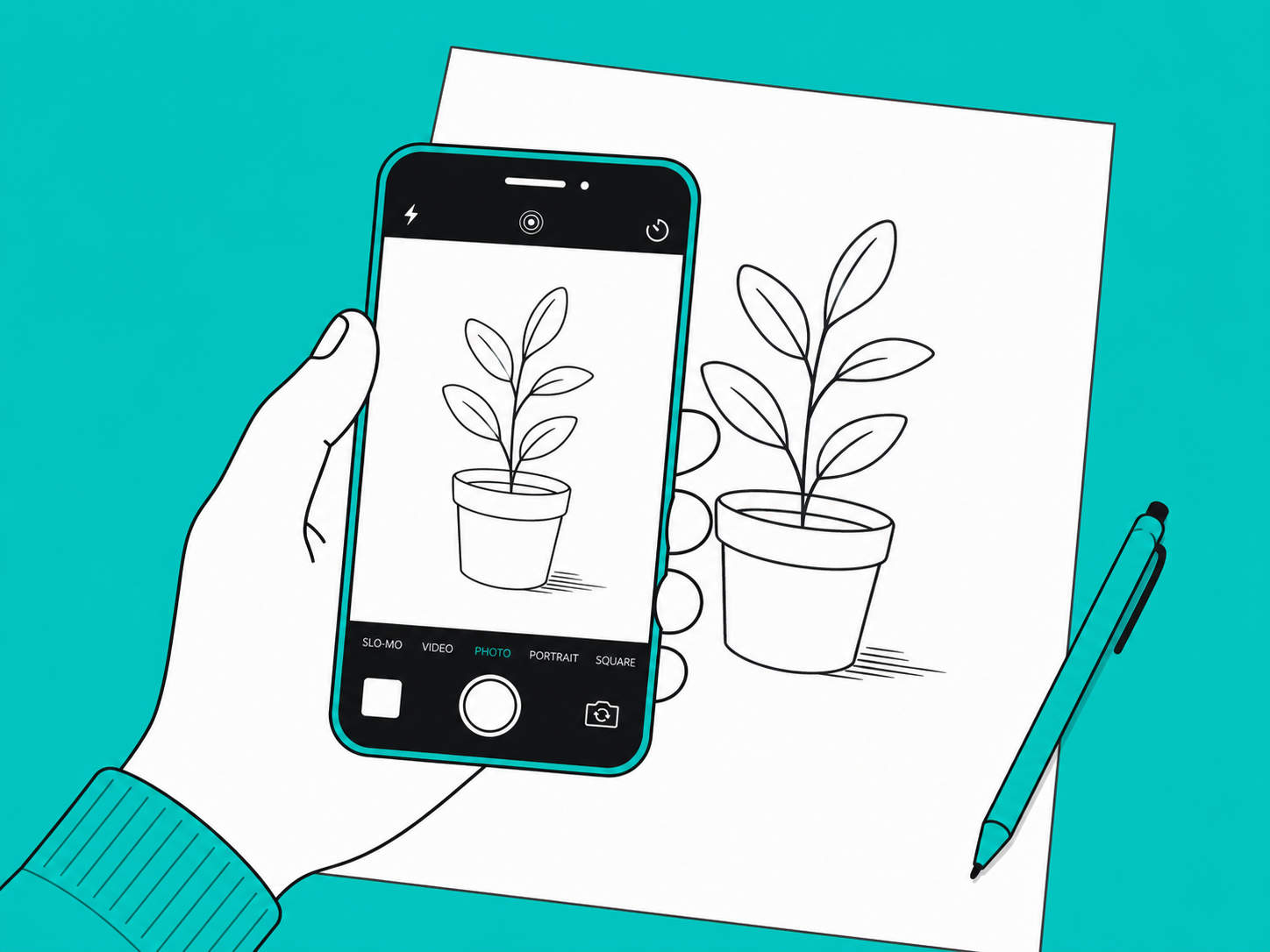 Hand holding a phone to photograph a drawing